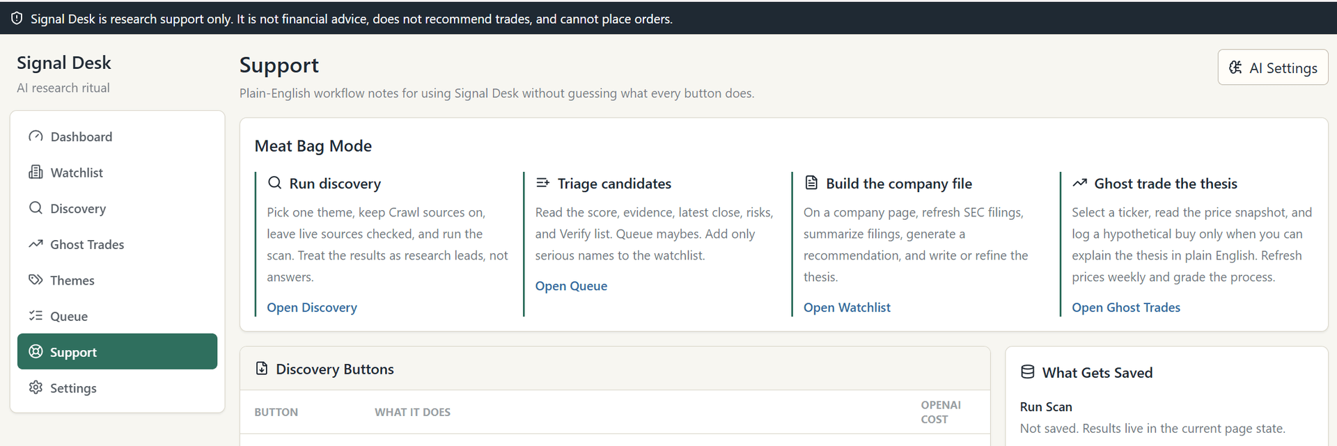 Signal Desk support view explaining the four-stage research workflow and which actions use an AI provider