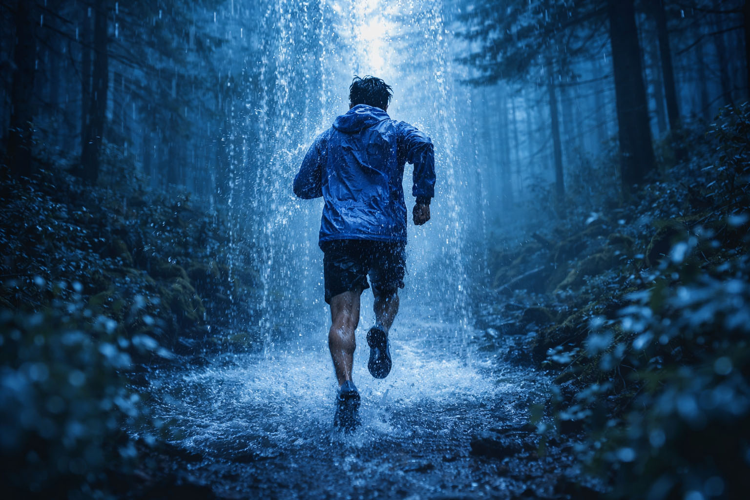 someone running beneath cold water in blue forest